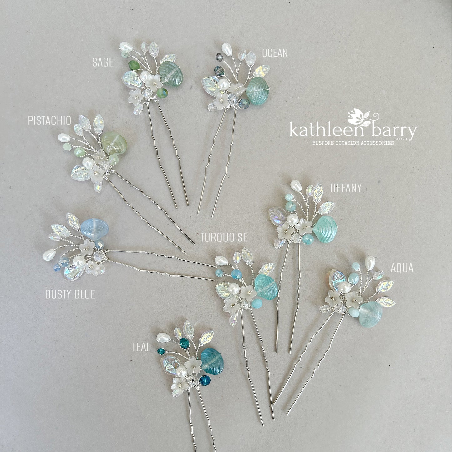 Beach Wedding Hair Pin with Artisan-Crafted Sea Glass Shell, pearls, flowers and leaves - Custom colors to order