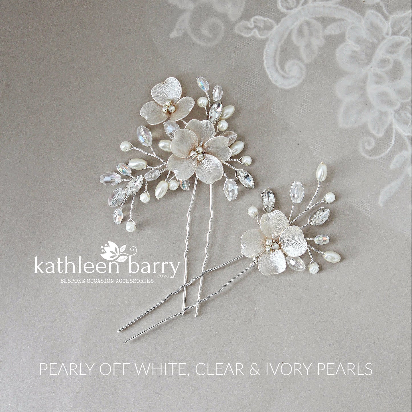 Cecile floral hair pins sold as a pair or individually, rhinestone crystal & pearl - Ass Color options to order