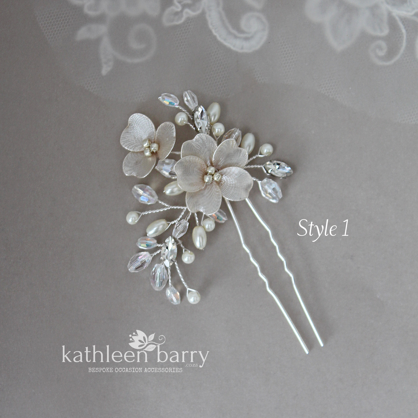 Cecile floral hair pins sold as a pair or individually, rhinestone crystal & pearl - Ass Color options to order