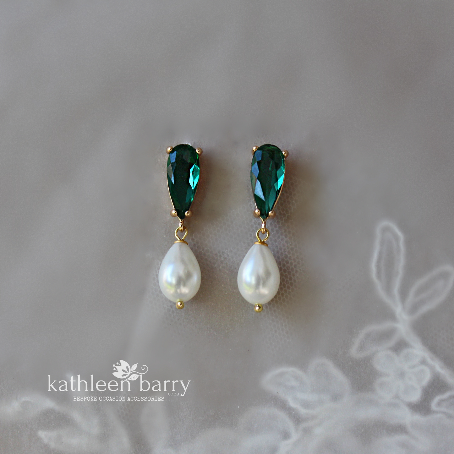Emerald green OR clear cut glass pearl drop earrings - only available in gold limited edition