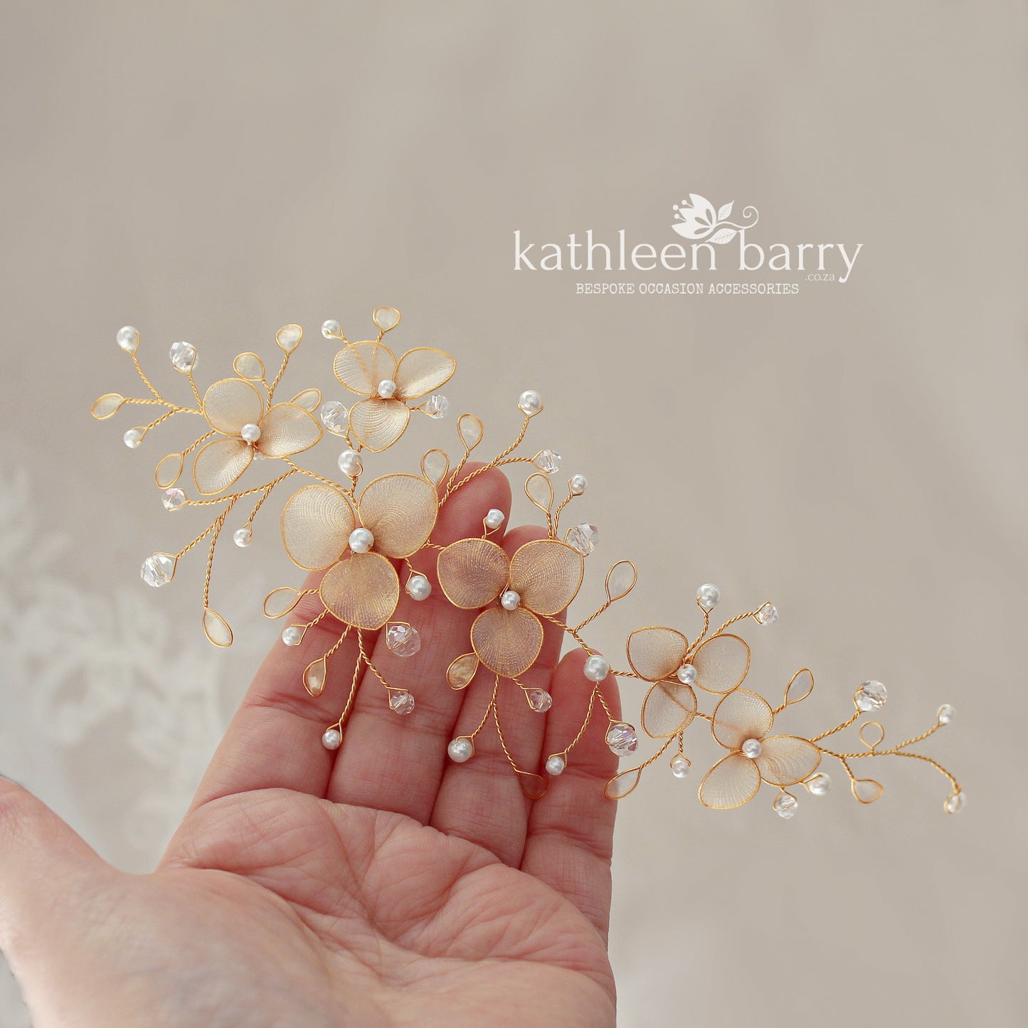 Madelene floral wedding hairpiece, semi opaque flower and leaf detailing, with crystals and seed pearls - Assorted colors available : Gold, silver and rose gold