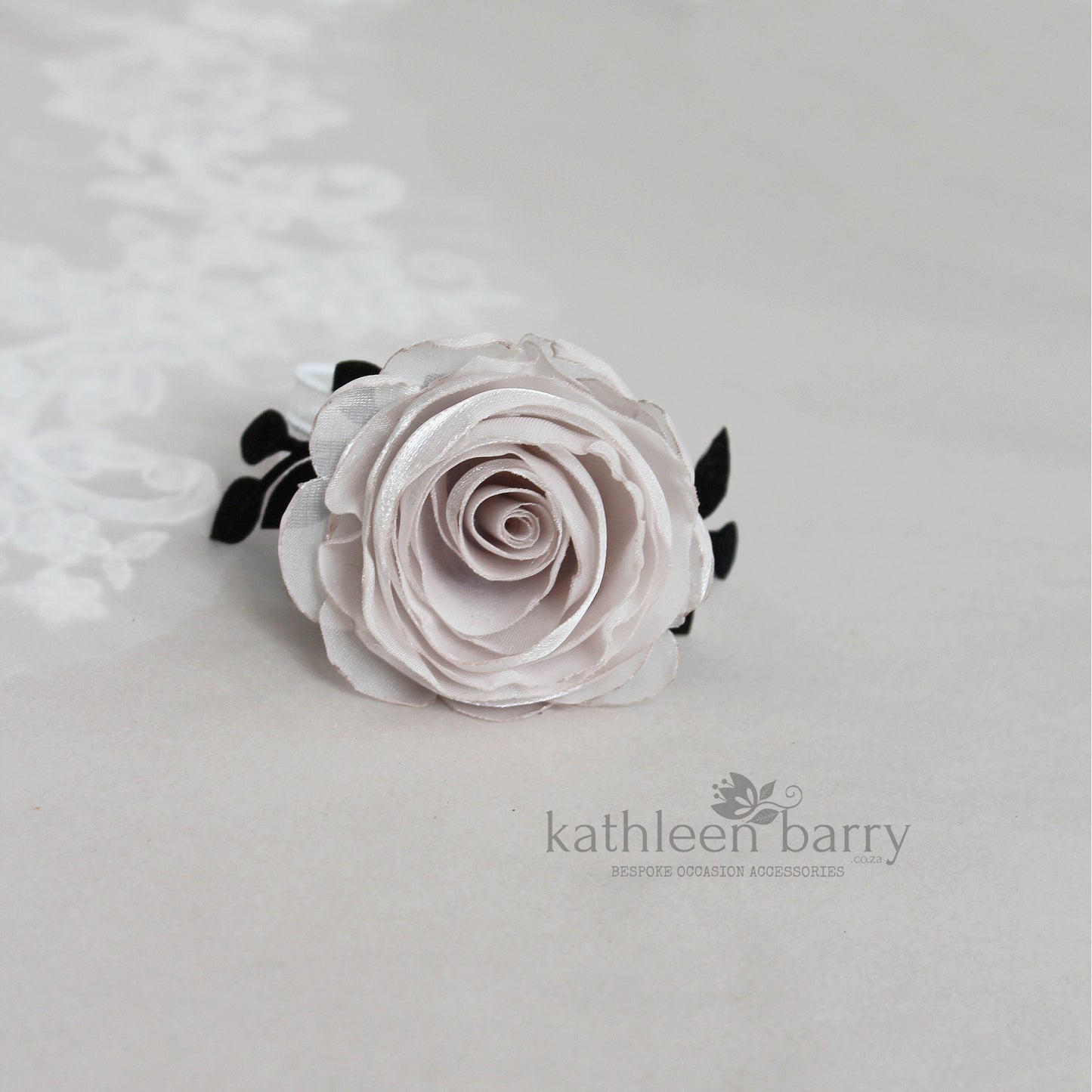 Modern rose wrist corsage - organza rose with velvet leaf detail