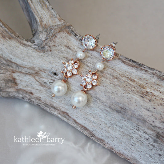 Nina Earrings- Cubic Zirconia & pearl - Available in Silver, gold or rose gold finish