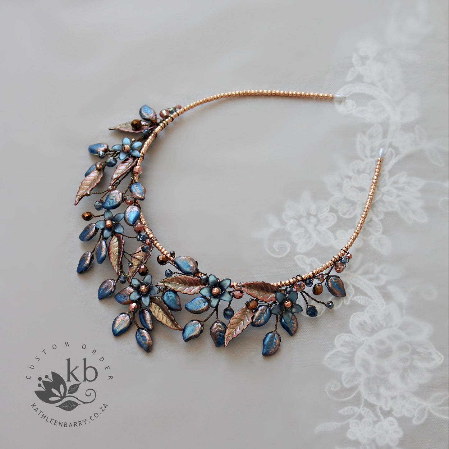 Sanzi floral leaf crown tones of warm rose gold - Autumn shades or navy bronze - custom color options available