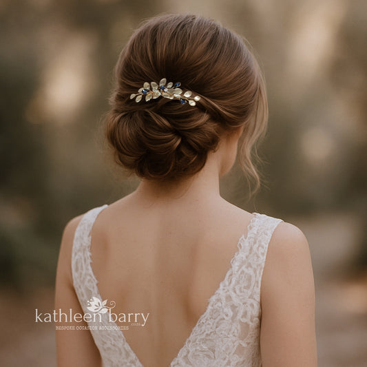 Talisha wedding hair comb Rhinestone and leaf detail - Gold silver or rose gold
