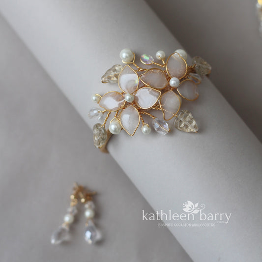 Veronique Flower leaf cuff bracelet, bangle style - assorted custom colors to order available in Gold, silver or rose gold finish