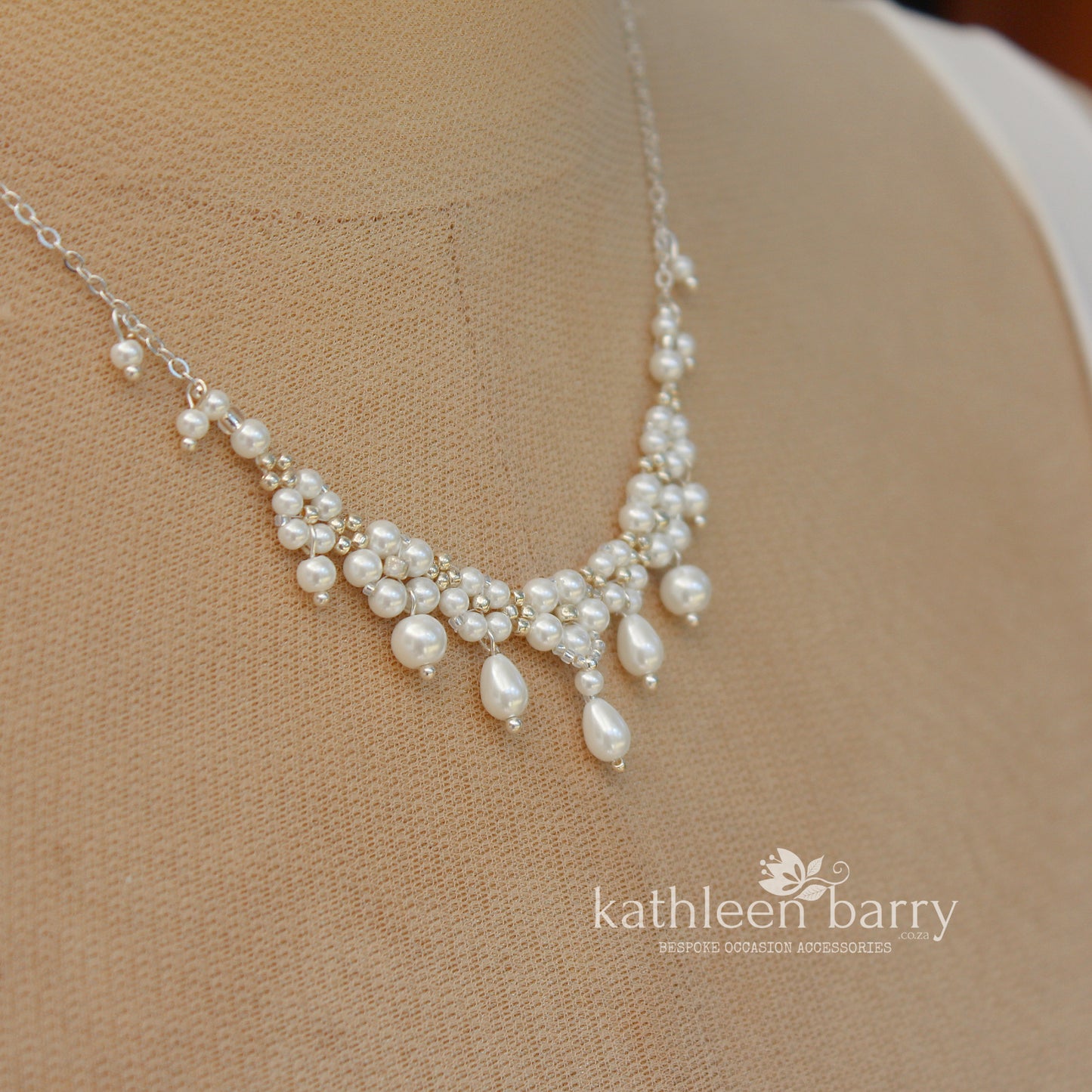 Beaded pearl flower drop wedding necklace - Silver, gold or rose gold finish -Two length options