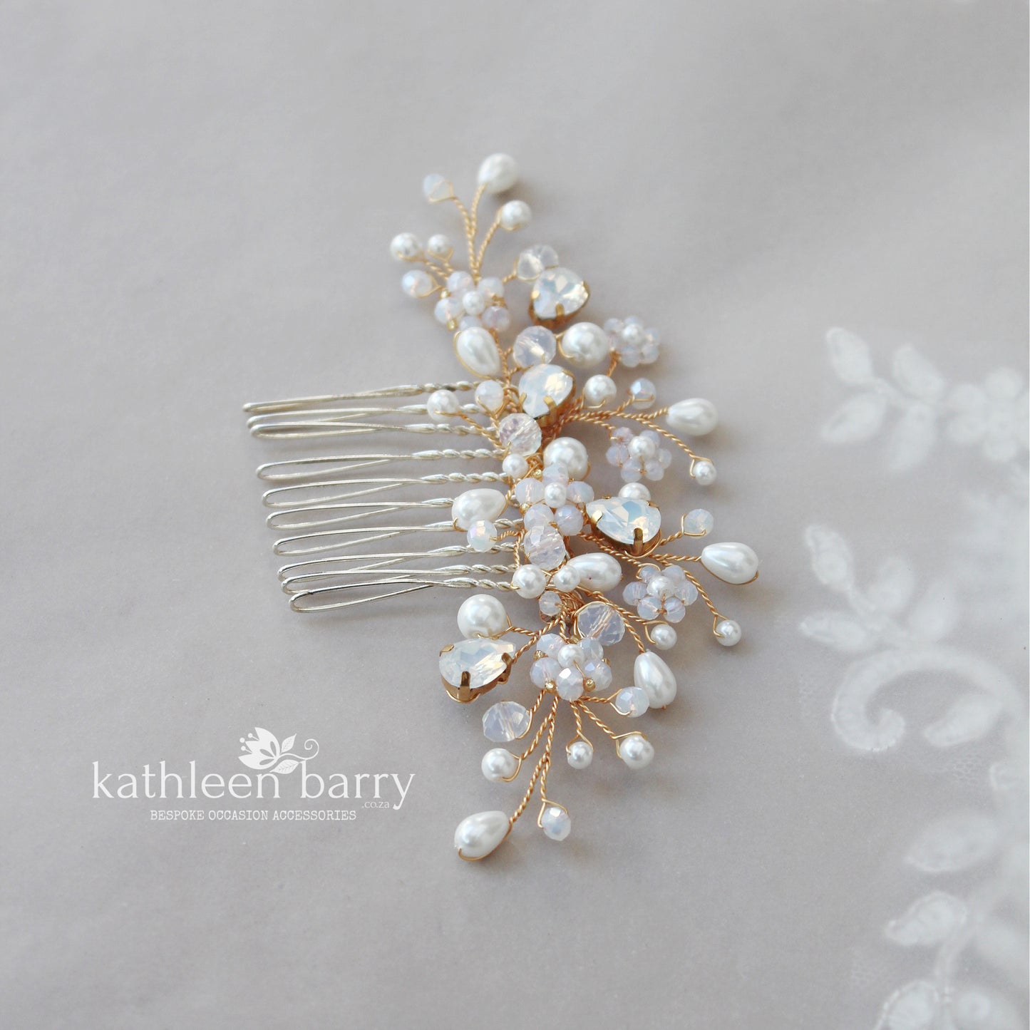Dainty floral crystal pearl Rhinestone wedding hair comb available milky opal & assorted colors and finishes Gold, silver or rose gold STYLE: Bria