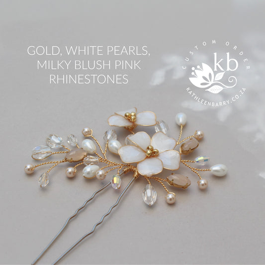 Cecile floral hair pins sold as a pair or individually, rhinestone crystal & pearl - Ass Color options to order