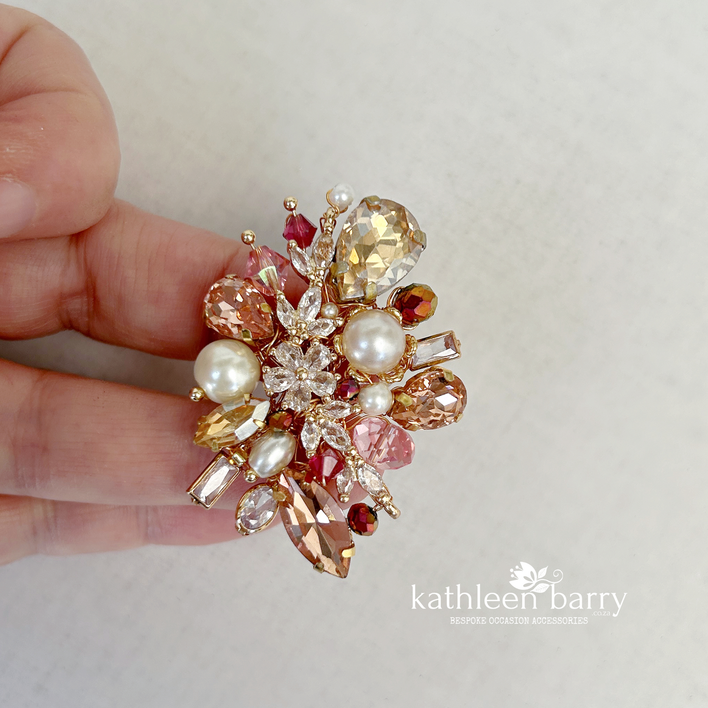 Handcrafted custom order brooch - Rhinestones, Cubic Zirconia and Pearls - custom colors to order