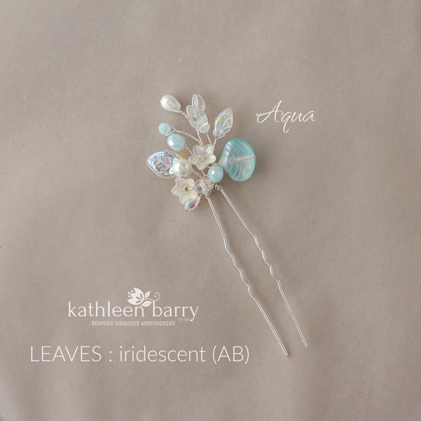 Beach Wedding Hair Pin with Artisan-Crafted Sea Glass Shell, pearls, flowers and leaves - Custom colors to order