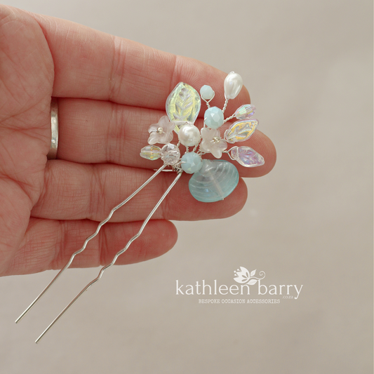 Beach Wedding Hair Pin with Artisan-Crafted Sea Glass Shell, pearls, flowers and leaves - Custom colors to order