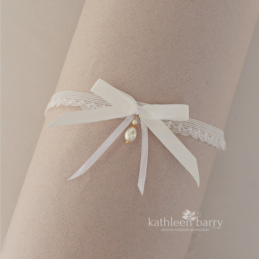 Juliana Bridal tossing garter with pearl drop - assorted colors available, satin bow - Gold, silver or rose gold detailing