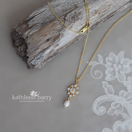 Lola filigree cubic zirconia and pearl necklace- Gold only Pearl color options