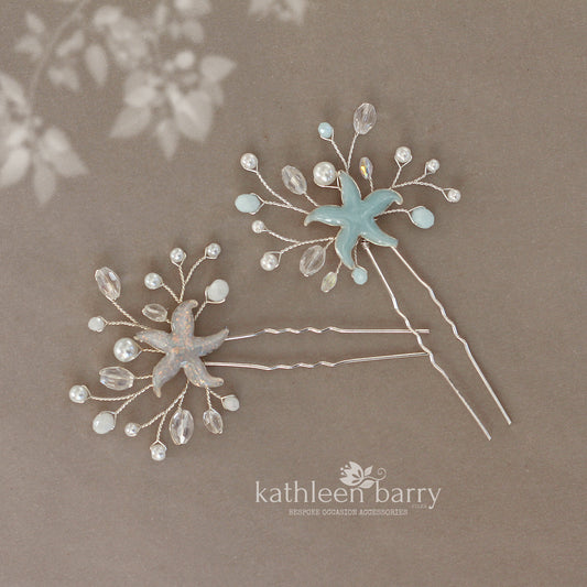 Starfish hair pin, resin inlay, crystal and pearl - sea star beach wedding - Sold Individually