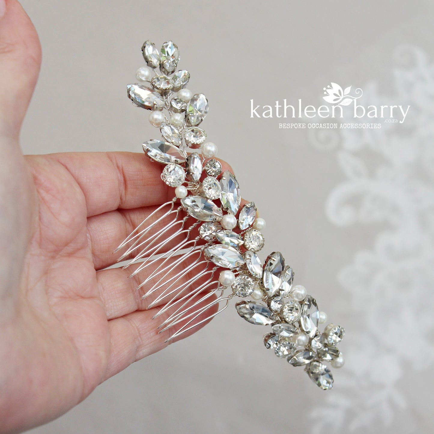 Estelle Rhinestone and pearl extra length hair comb - option for headband styling