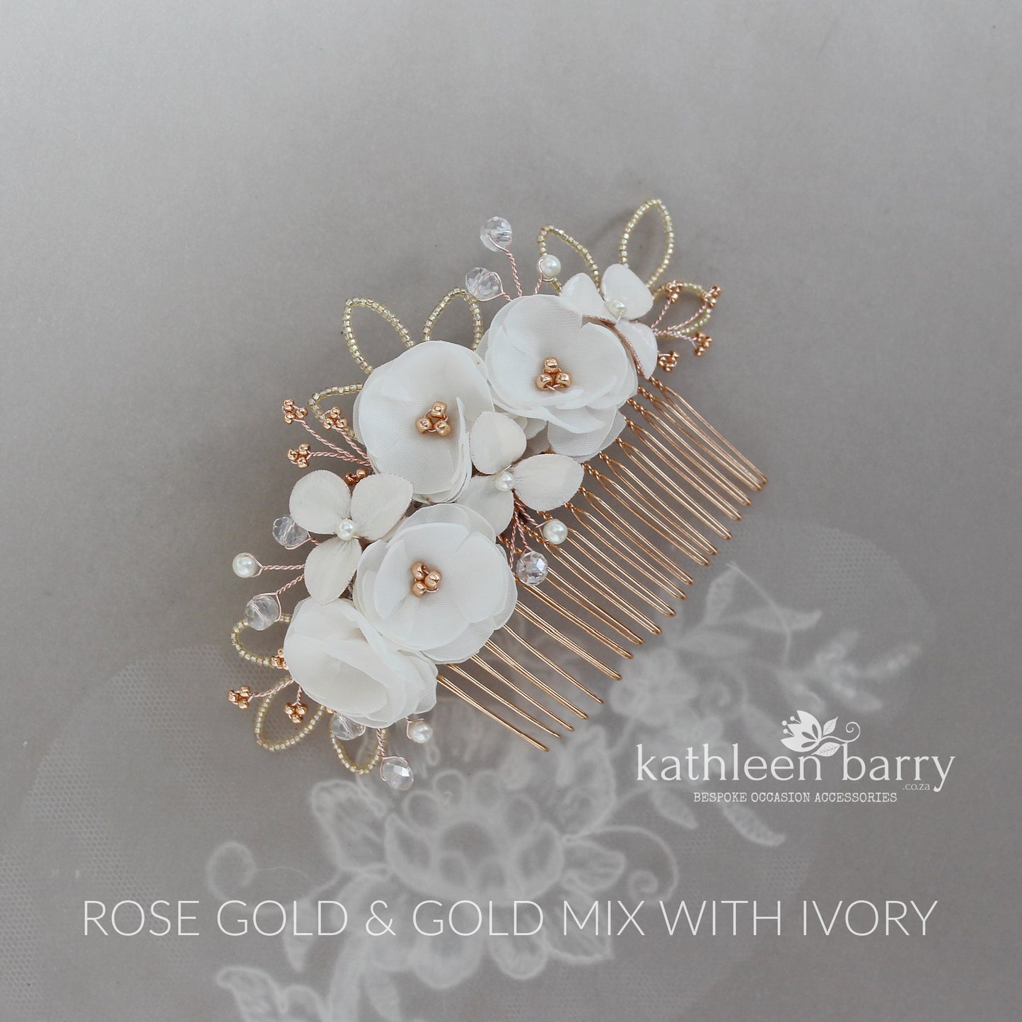 Flower wedding Hair Comb hairpiece - veil comb - Rose gold, gold or silver - flower colors oprions available