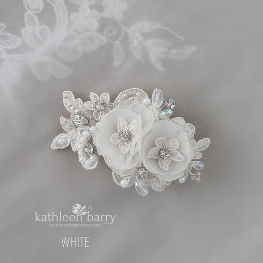 Sheena Hairpiece lace, small flowers and hand beaded - Color options, cream, ivory, white or blush pink