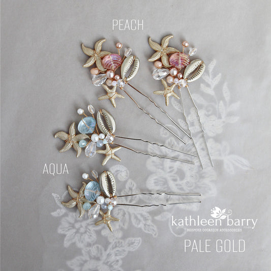 Christy Starfish, shell & pearl hair pins beach destination weddings - assorted colors available