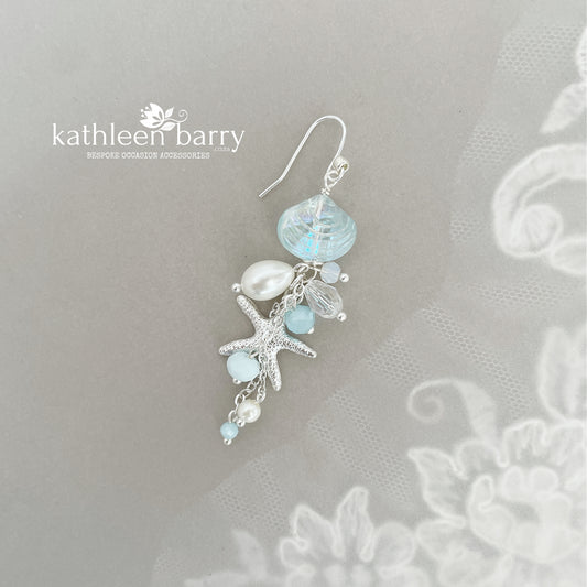 Starfish shell and pearl dangling earrings, beach theme wedding, assorted colors available - wedding jewelery