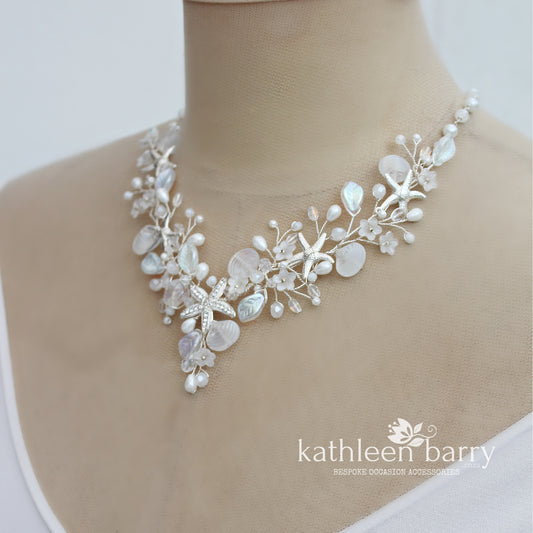 Beach theme statement wedding necklace starfish and shells bridal jewelry - Rose gold, gold or silver