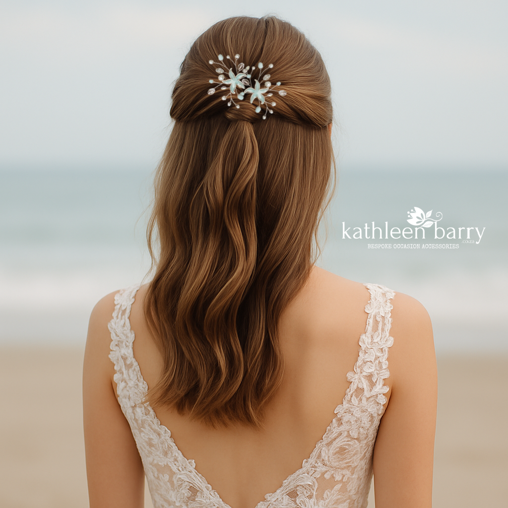 Starfish hair pin, resin inlay, crystal and pearl - sea star beach wedding - Sold Individually
