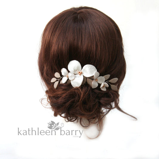 Florence hairpiece, Damask fabric flowers with faux suede leaves - Color variations