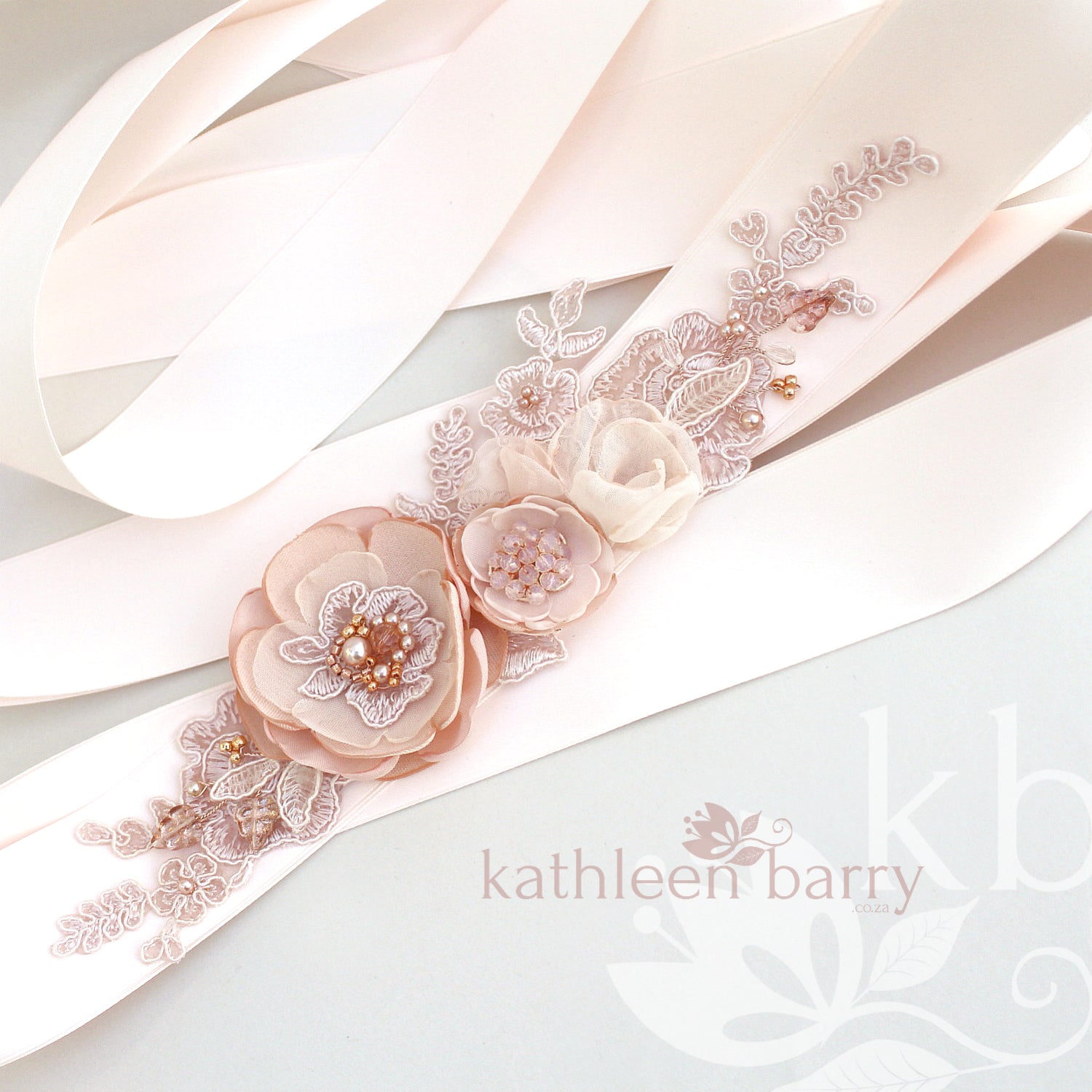 Wedding dress sash bridal belt floral with lace Blush pink rose gold online shop Kathleen Barry Bespoke Occasion Accessories Wedding dress sash bridal belt floral with lace Blush pink rose gold online shop Kathleen Barry Bespoke Occasion Accessories