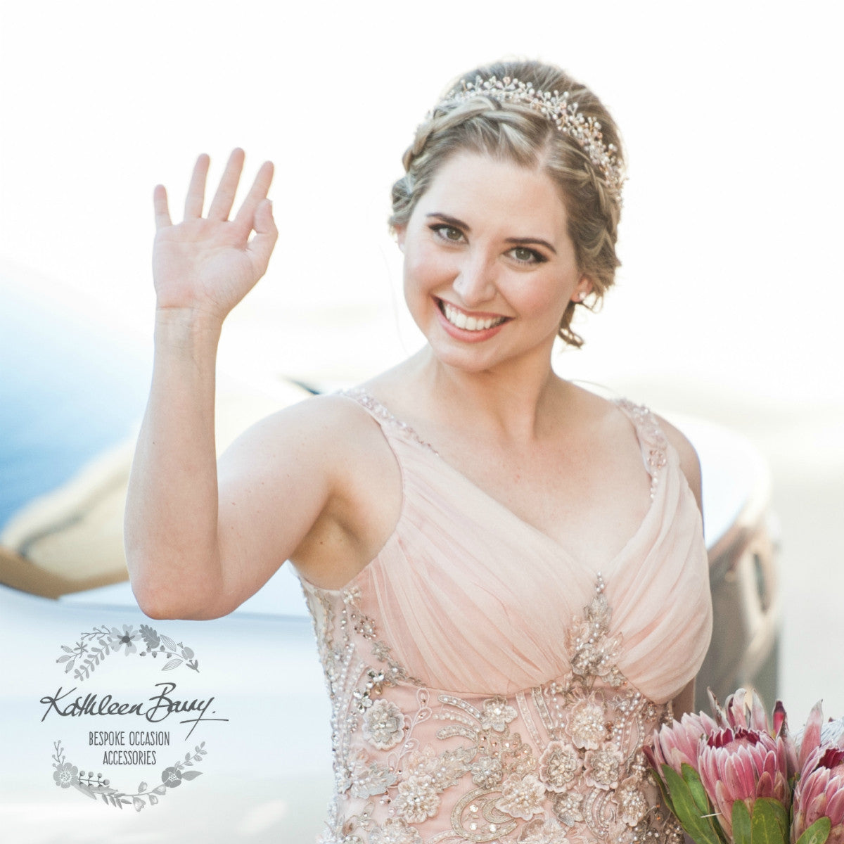 Andrea Gold or rose gold dainty headband crystal, pearl and tones of blush pink
