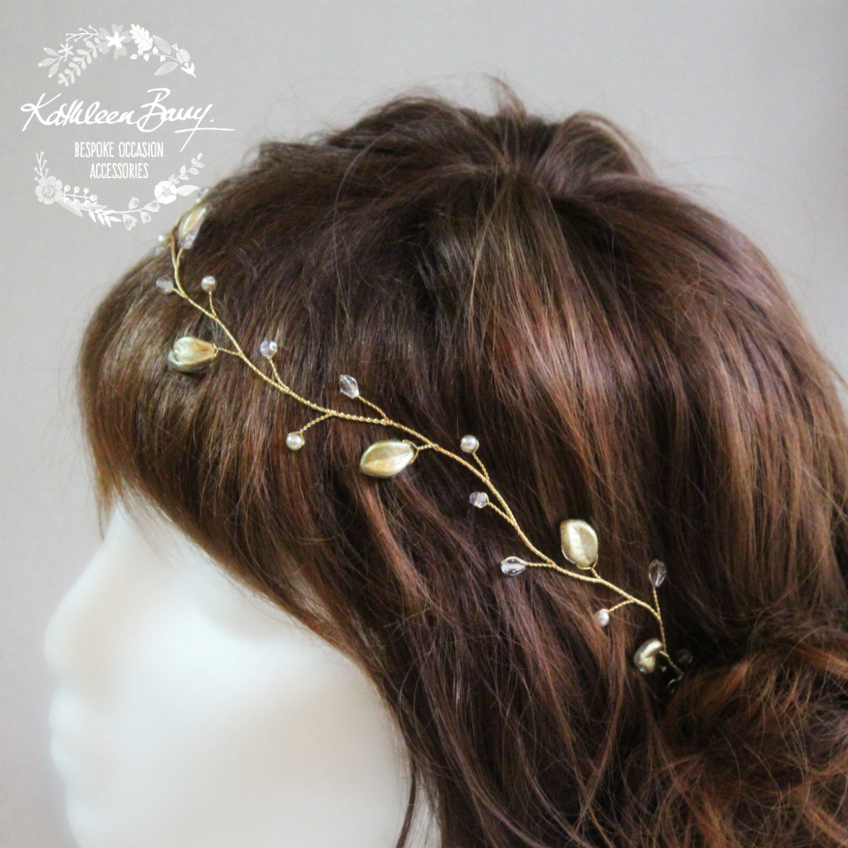 Angelina Golden Leaf Wreath - Crystal & Pearl available in gold, silver or rose gold