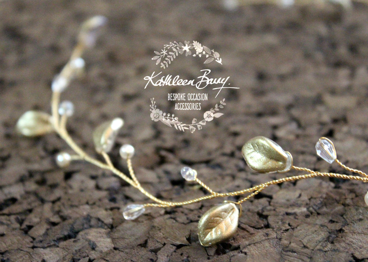 Angelina Golden Leaf Wreath - Crystal & Pearl available in gold, silver or rose gold