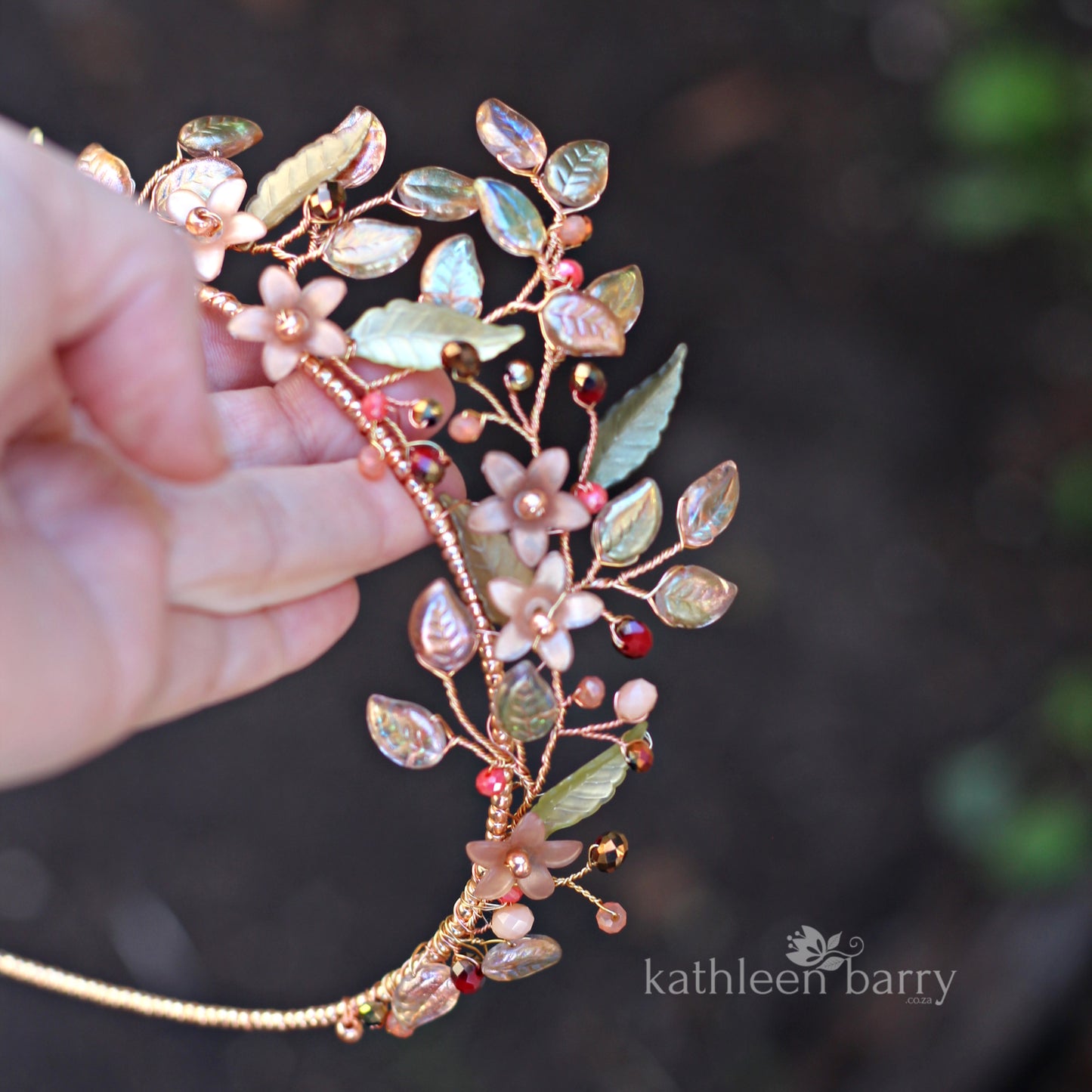 Sanzi floral leaf crown tones of warm rose gold - Autumn shades or navy bronze - custom color options available