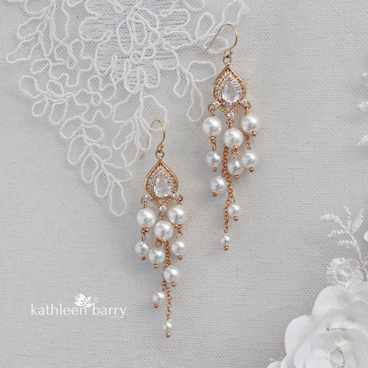 Brooke pearl cubic zirconia chandelier earrings - white, blush pink or ivory/pearls, Gold finish only.
