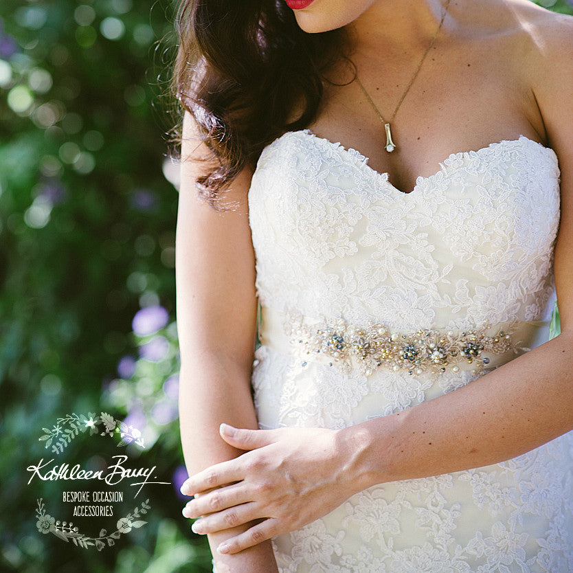Vintage gold lace sash belt wedding dress bridal accessory antique gold and silver grey Bridal belt