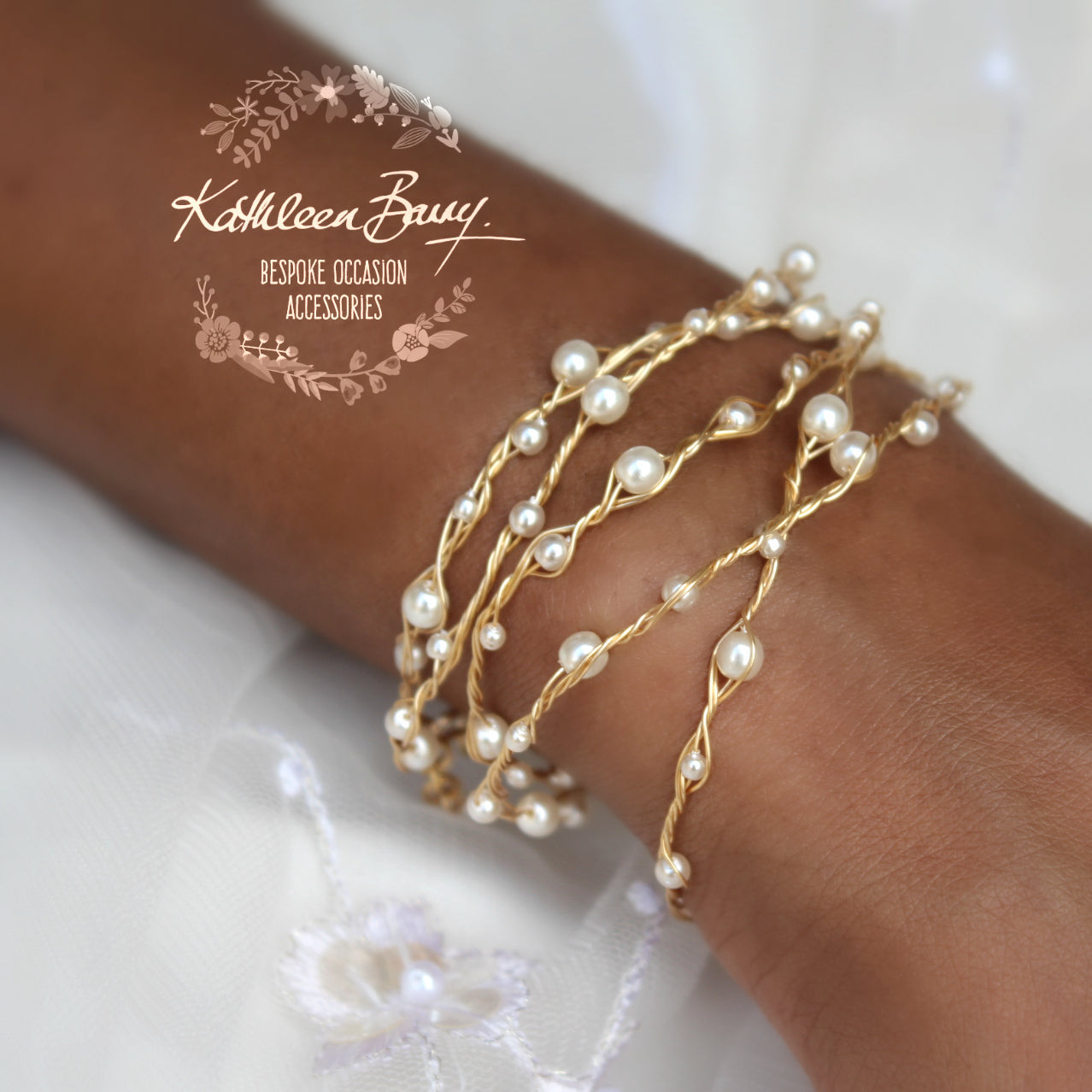 Cherize - Wrap cuff bracelet Pearls & plated wirework in gold, silver or Rose gold.