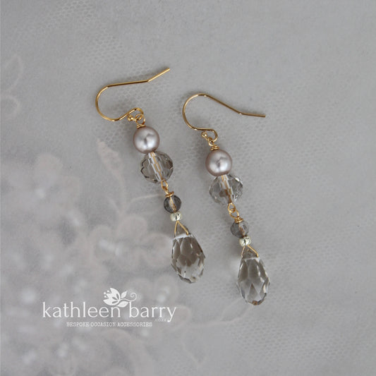 Smokey silver grey Clare Earrings Crystal & Pearl Gold, silver or rose gold option (also available in clear)