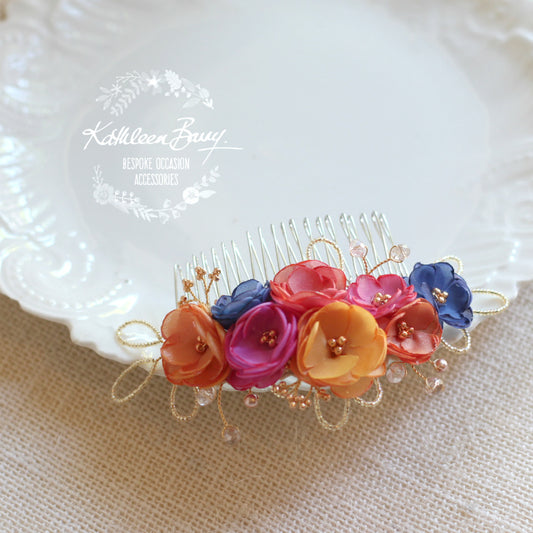 Connie Floral Hair Comb in Multi Colored Shades, Handmade fabric flowers rose gold elements Wedding hair accessory rainbow