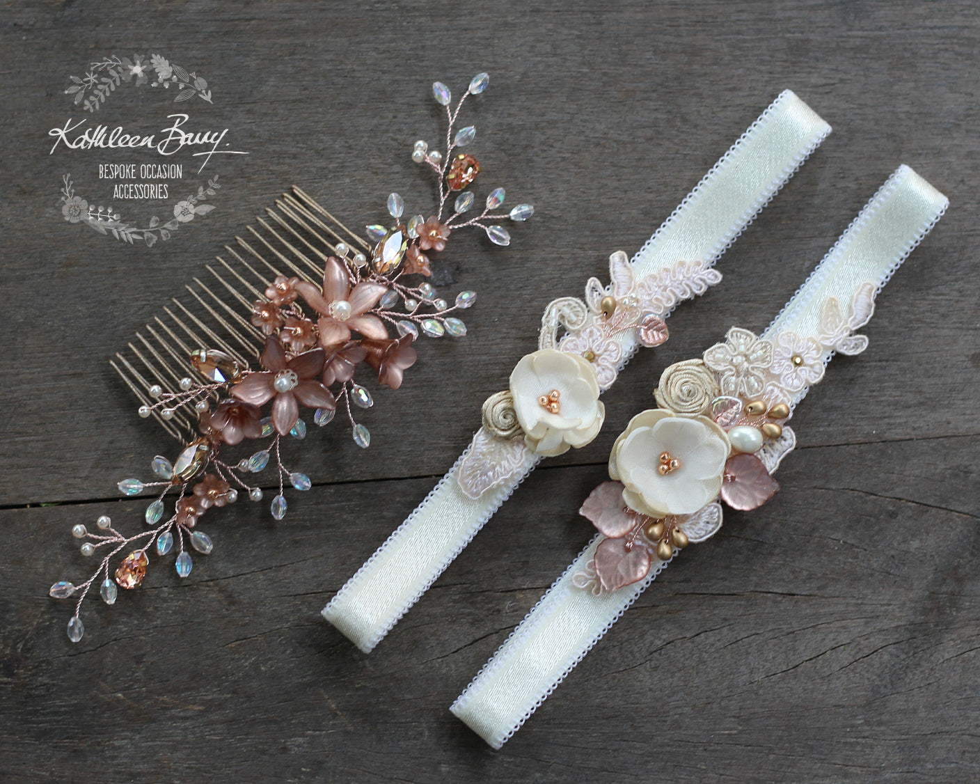 Danielle heirloom garter set (or individually) - Rose gold, champagne color options available