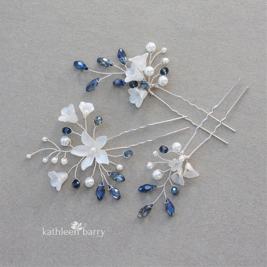 Delft blue Monica hair pins mix and match - 3 styles - silver (sold individually) something blue
