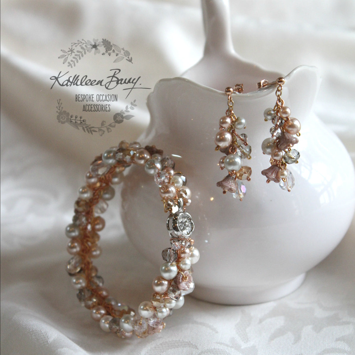 Ginny crystal & pearl, rose gold, gold or silver bracelet - Custom colors - Taupe, smokey silver, champagne, dusty pink