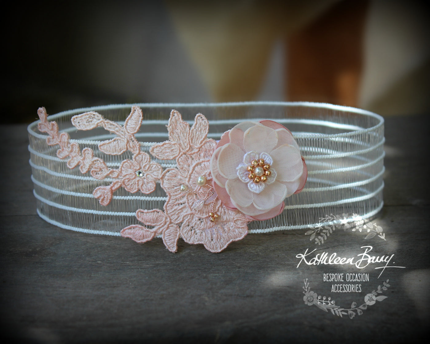 Kelly Garter flower detail and bridal lace Rose gold and blush pink - color options available
