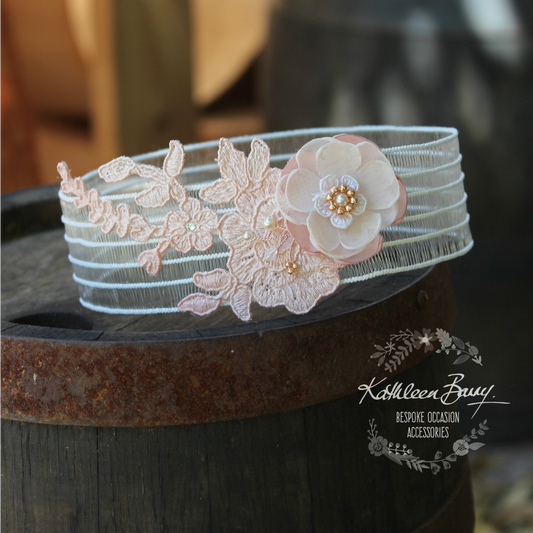 Kelly Garter flower detail and bridal lace Rose gold and blush pink - color options available