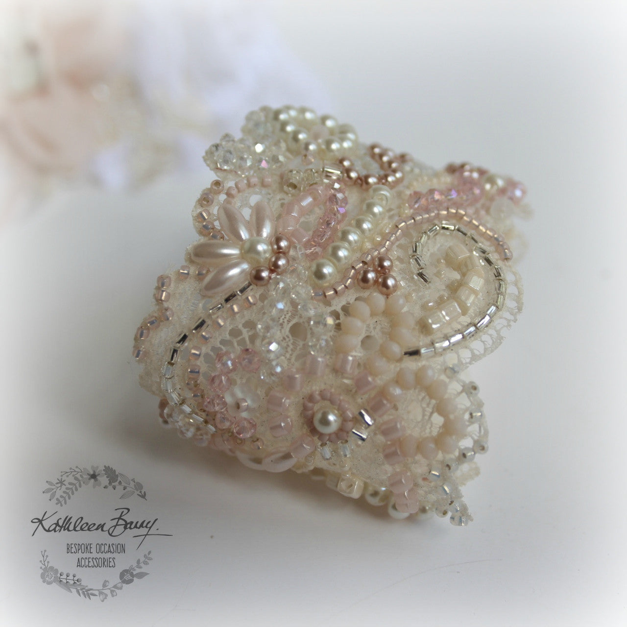 Bridal cuff bracelet lace crystal pearl - ivory & shades of pink / blush pink