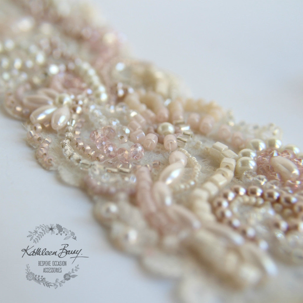 Bridal cuff bracelet lace crystal pearl - ivory & shades of pink / blush pink