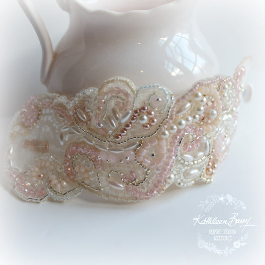 Bridal cuff bracelet lace crystal pearl - ivory & shades of pink / blush pink