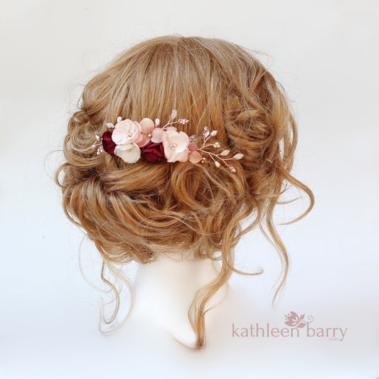 Laetitia floral hair comb rose gold, gold or silver burgundy & blush pink - Custom colors to order