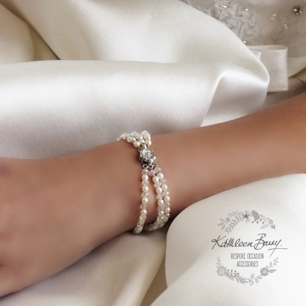 Lauren three strand bracelet - crystal and pearl, flower clasp - 7 pearl colors available