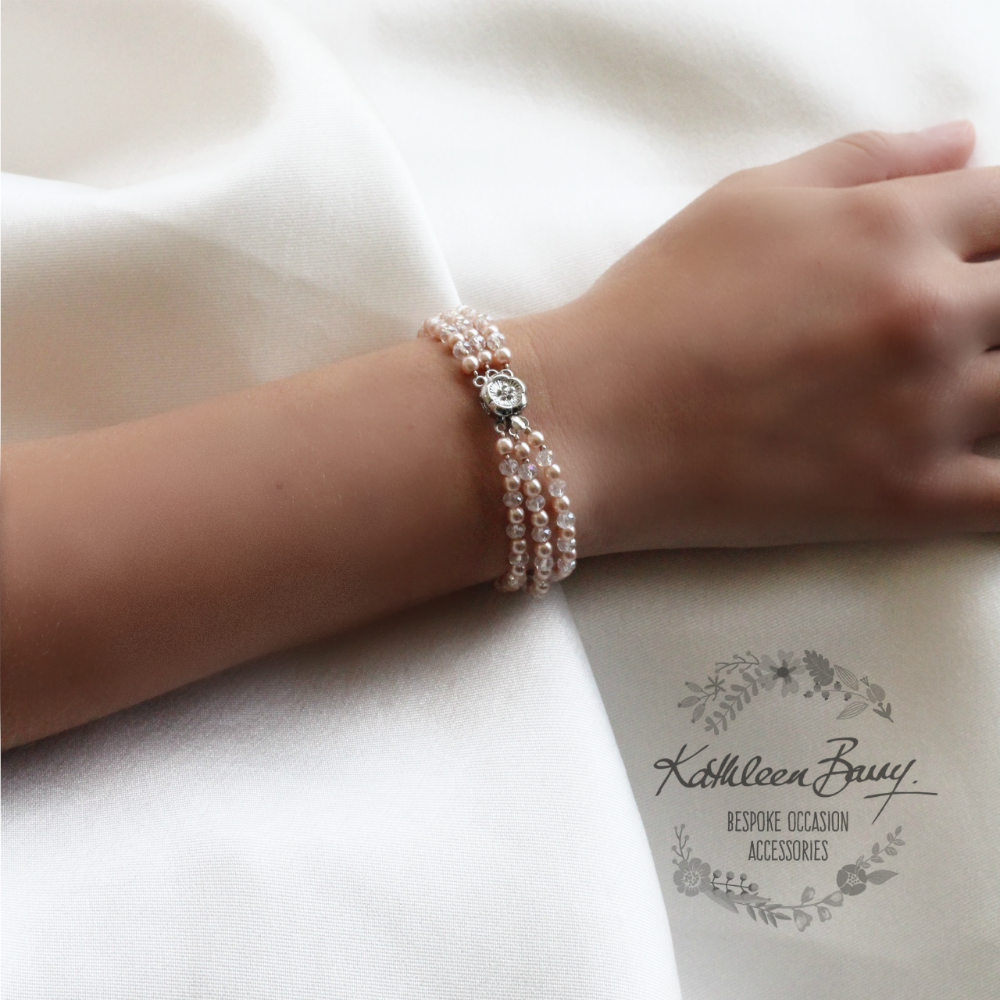 Lauren three strand bracelet - crystal and pearl, flower clasp - 7 pearl colors available