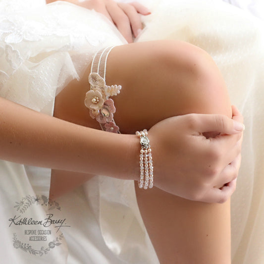 Lauren three strand bracelet - crystal and pearl, flower clasp - 7 pearl colors available