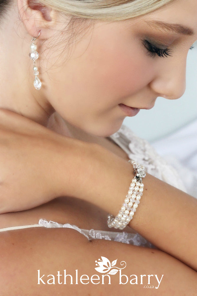 Lauren three strand bracelet - crystal and pearl, flower clasp - 7 pearl colors available